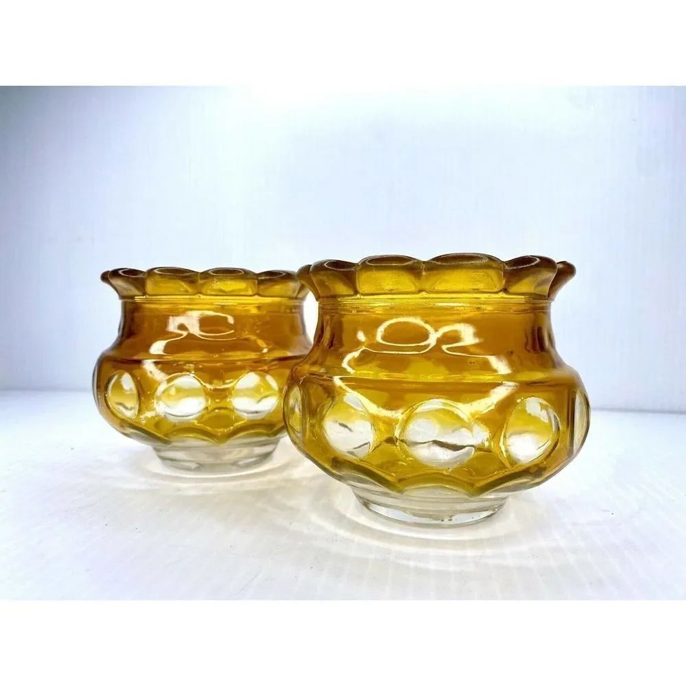 MID CENTURY MODERN CANDLE HOLDERS YELLOW SCALLOPED THUMBPRINT DESIGN
